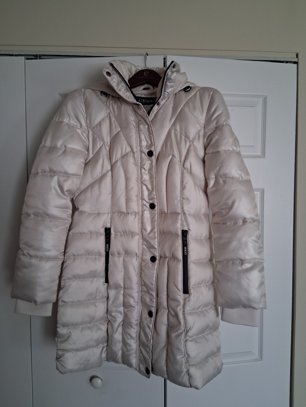 Guess Pearl White Quilted Hooded Puffer Coat